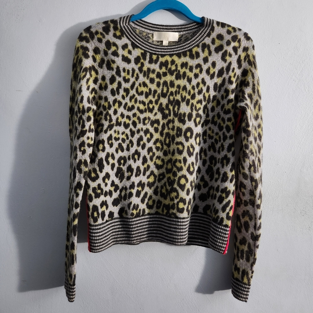 Lisa Todd Cashmere Leopard Piped Sweater Neon Stripe - Picture 2 of 9